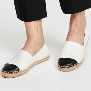 Tory Burch Colorblock Leather Espadrille Flats Black White Logo Cap Toe Slip-On✨